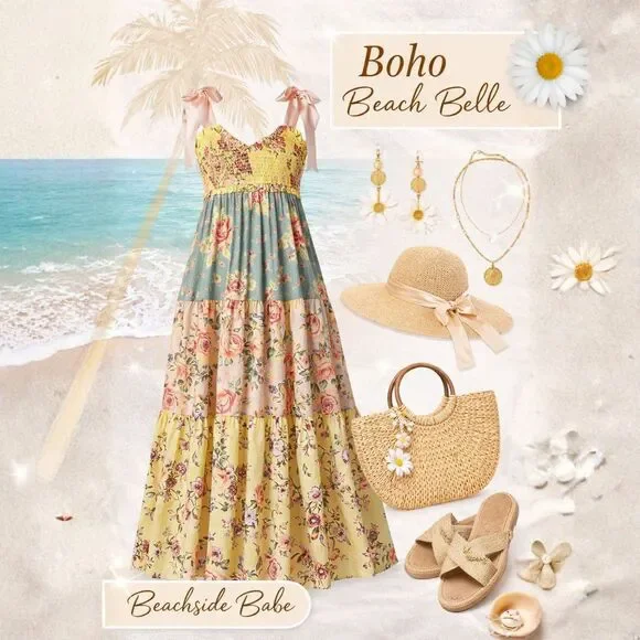 Floral Boho Maxi Dress Tiered Tie Shoulder est. Med Free People "Bluebell"-Insp - Picture 9 of 9